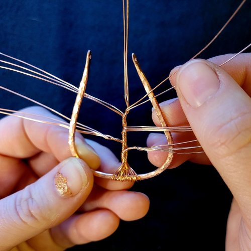 Jennifer Brooks's Rainbow Autumn Tree Earrings - , Contemporary Wire Jewelry, Dapping, Dapping Jewelry, How To Punch Holes, Hole Punching, Punch A Hole, Lashing, Wire Lashing, , tree of life earrings